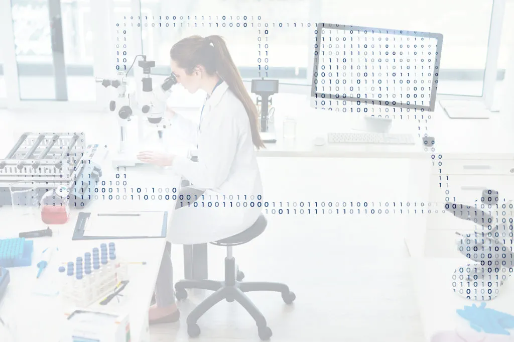 A scientist looking through a microscope in a lab, overlaid with streams of binary data