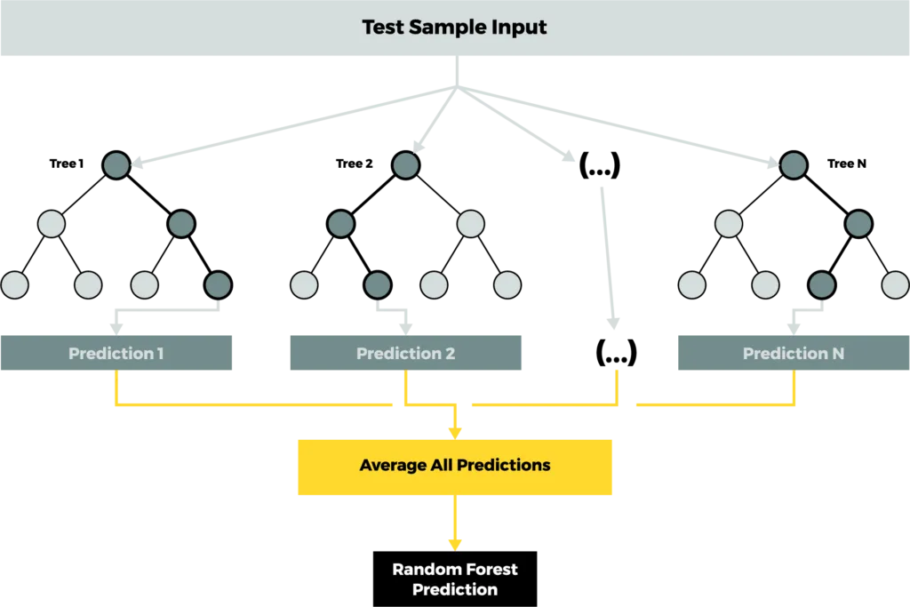 Diagram showing how a Random Forest averages predictions from multiple decision trees