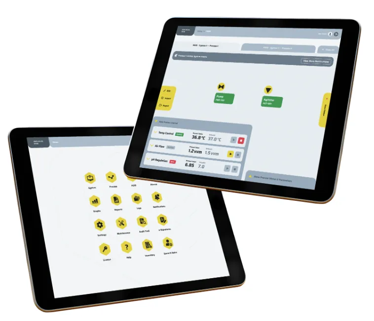 Two tablets running the QB Control interface — a process control screen showing pump, agitation, temperature, air-flow and pH readings for a bioreactor, and a hex-tiled menu of QB Control functions.