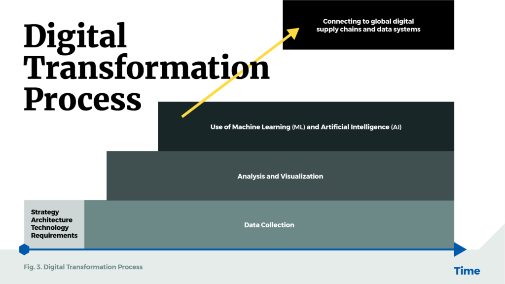 Digital Transformation Process: Data collection, Analysis and visualization, Use of Machine Learning and Artificial intelligence and Connecting to a global digital supply chains and data systems